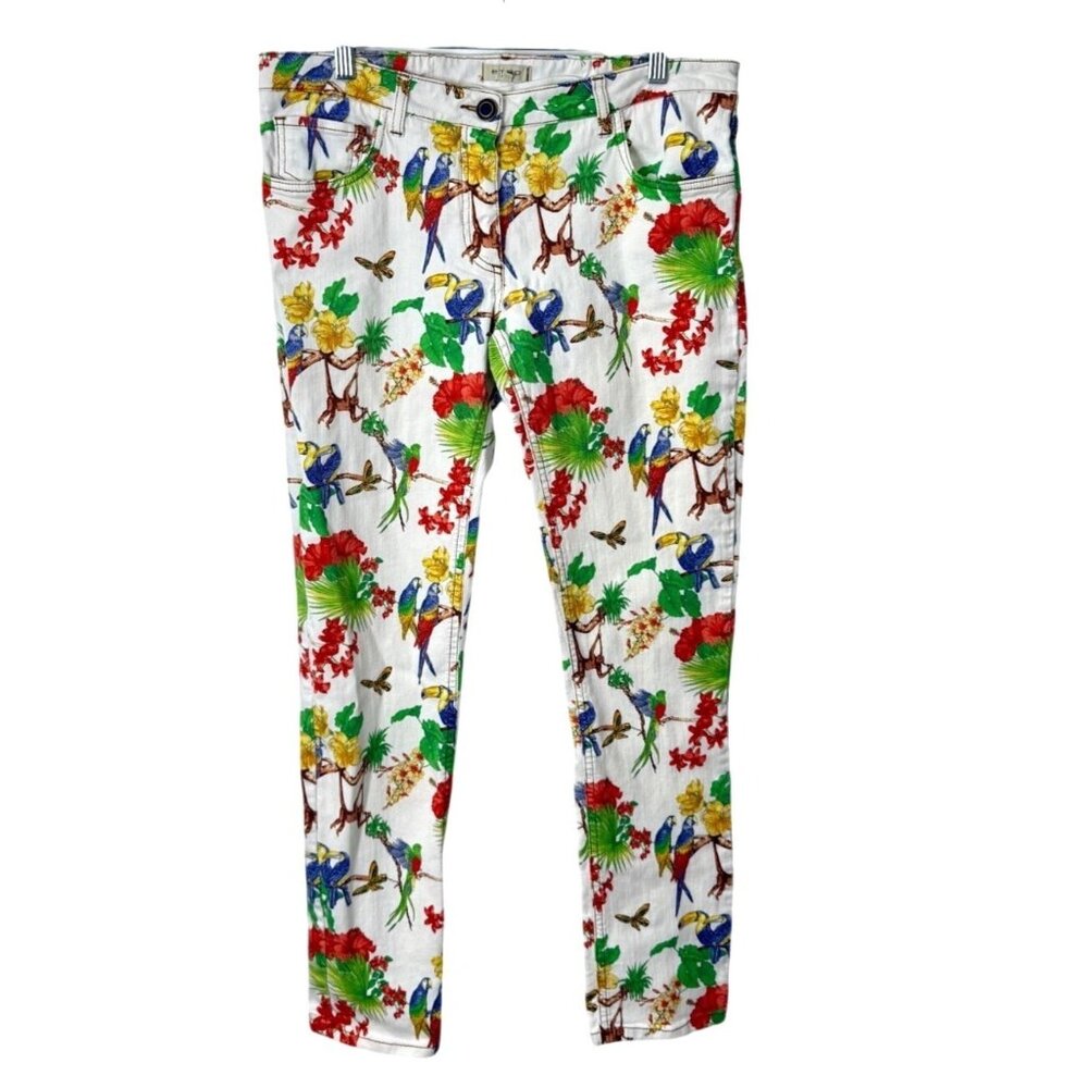 Etro Milano Tropical Parrot Skinny Jeans Floral Bird Jungle White Womens Size 31